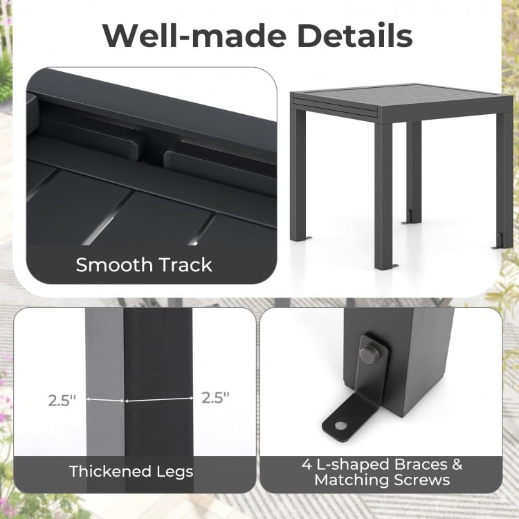 Close-up of the expandable patio dining table's smooth track and thickened legs, crafted from rustproof aluminum for.